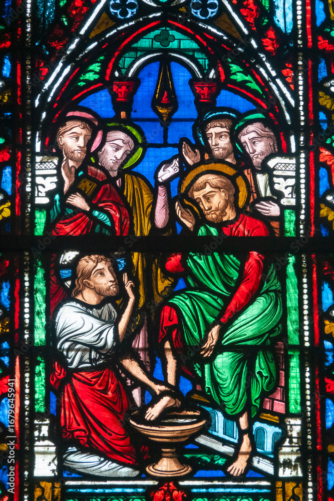 Fototapeta premium Stained glass (19th century) of Jesus Christ washing the Feet of the Apostles.