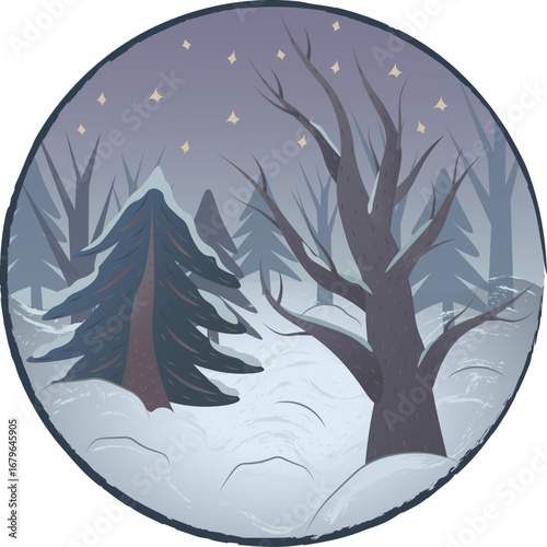 Winter forest at night. Round vector illustration with snow-covered trees against the starry sky. Suitable for postcards, book covers or winter holidays.