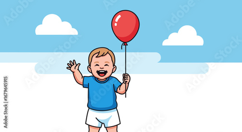 Joyful Child with Red Balloon Celebrates Outside Under a Blue Sky and White Clouds
