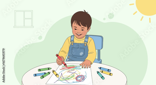 Joyful Childhood Moment Depicting A Toddler's Creative Coloring Activity With Crayons