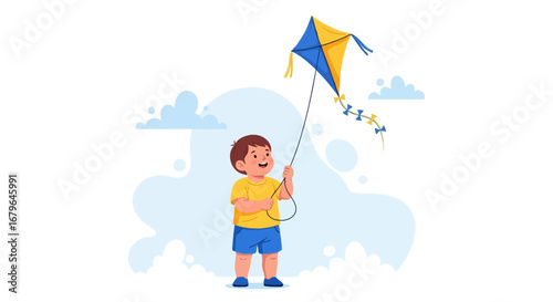 Joyful Young Boy Soars a Kite and Revels In the Gentle Breeze Under The Blue Sky