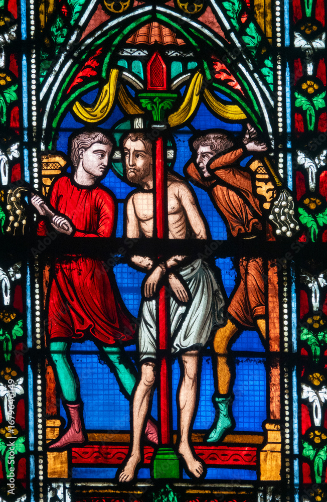 Obraz premium Stained glass (19th century) of the Passion of Jesus: Christ in contempt or Derision of Christ.