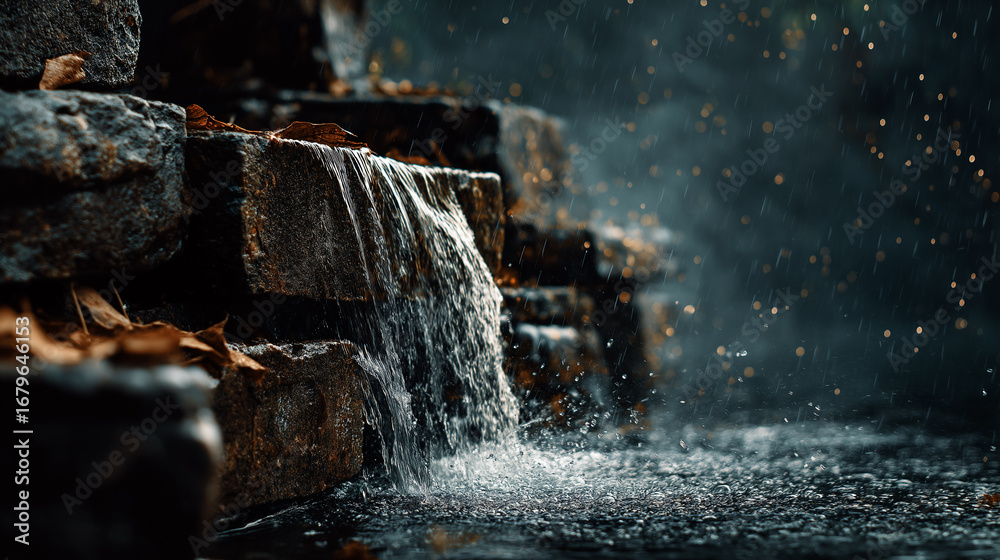 custom made wallpaper toronto digitalStone Fountain With Flowing Water And Autumn Leaves: Tranquil Scene Of Small Waterfall In Modern Garden Pool With Floating Maple Leaves