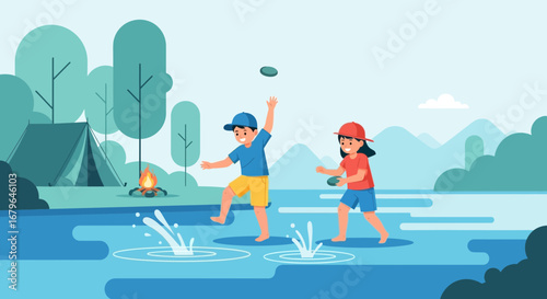 Joyful Children Playing Frisbee Near Lake, Having Fun During Camping Trip, Summertime