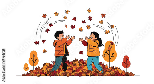 Joyful Children Playing in Autumn Leaves, Celebrating a Fun-Filled Fall Season