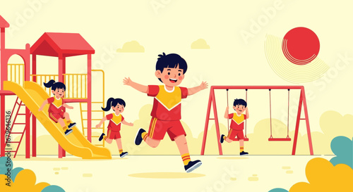 Joyful Children Playing Outdoors on a Bright Playground in Full Daylight