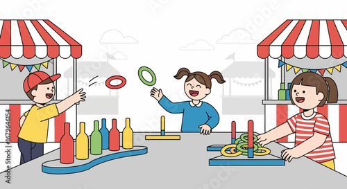 Joyful Children Playing Ring Toss Game at A Festive Fair with Bright, Cartoonish Style