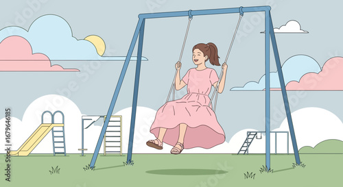 Joyful Young Woman Swinging at the Playground, Enjoying the Freedom and Fun