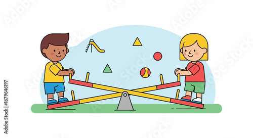 Joyful Children Playing Together on a Seesaw at a Playground in Vector Illustration