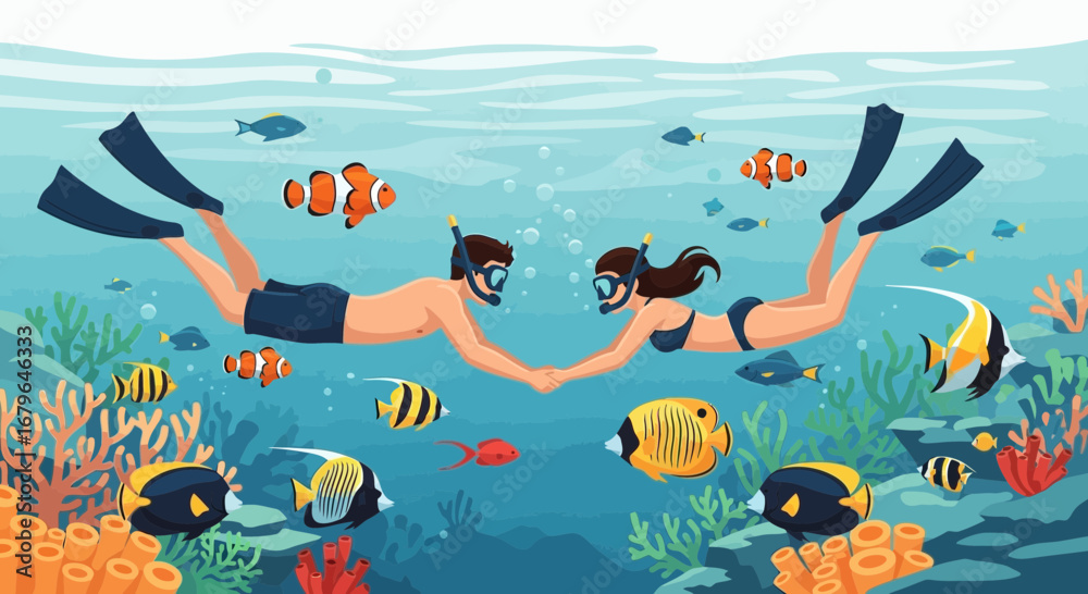 Obraz premium Joyful Couple Exploring The Underwater Realm With Marine Life And Coral Reefs