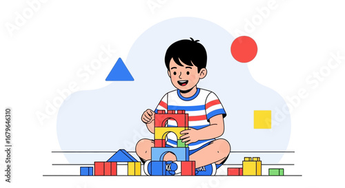 Joyful Youngster Constructing Tower With Colorful Blocks Embracing Creativity and Fun