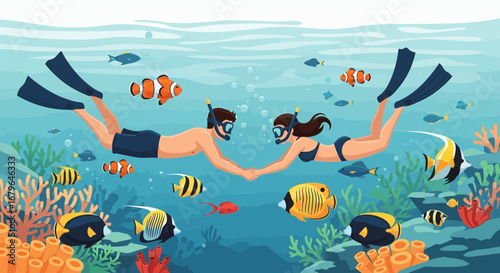 Joyful Couple Exploring The Underwater Realm With Marine Life And Coral Reefs