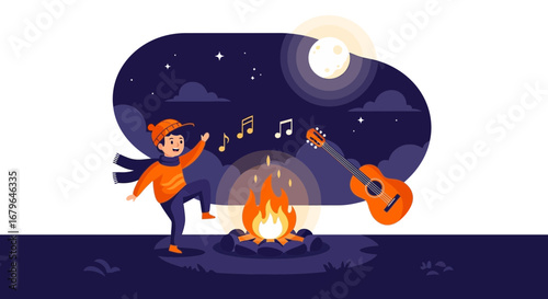 Joyful Youngster Dancing Around A Campfire Under The Moonlight With Musical Notes