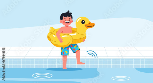 Joyful Youngster Enters Water, Supported By Charming Duck Floatation Device