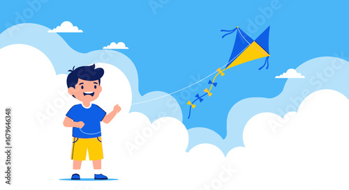 Joyful Youngster Flying a Colorful Kite in a Bright Blue Sky on a Sunny Day