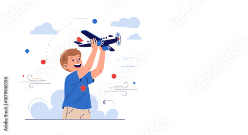 Joyful Youngster Holding Plane Ready For Flight, Illustrated With Clouds On White Space