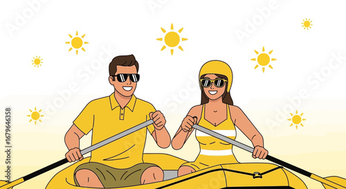 Joyful Couple Navigating Waters Together On A Sunny Day Promoting Outdoor Recreation Adventure