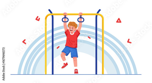 Joyful Youngster Embracing Physical Activity on Rings at Playground, Inspiring Motion