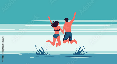 Joyful Couple Leaping Into Refreshing Water At A Coastal Seaside Beach Getaway