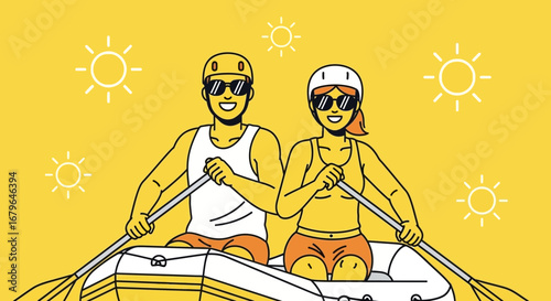 Joyful Couple Rafting Together on a Sunny Day During Summer Vacation Trip