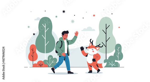 Joyful Encounter Between Man And Anthropomorphic Fox In A Picturesque Park Setting