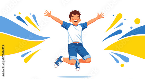 Joyful Youngster Soaring With Optimism Against A Background Of Symbolic Colors