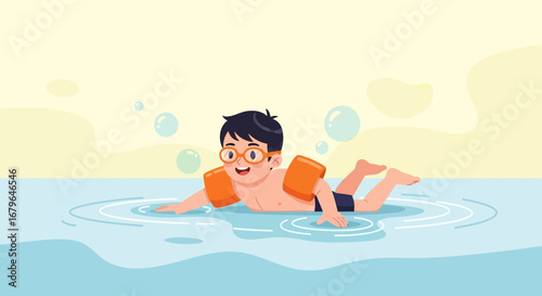 Joyful Youngster Swimming Enjoying Pool Time With Orange Armbands And Protective Eyewear