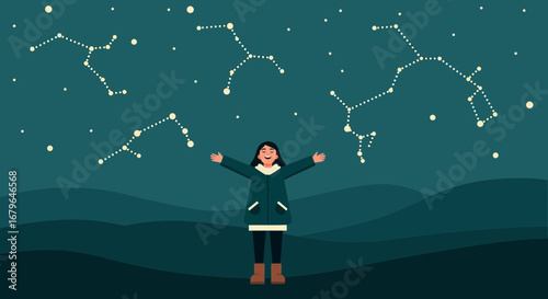Joyful Expression Amidst Galactic Wonders: Contemplating Celestial Constellations At Night