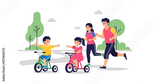 Joyful Family Time: Parents Run, Children Ride Tricycles on a Sunny Day in the Park