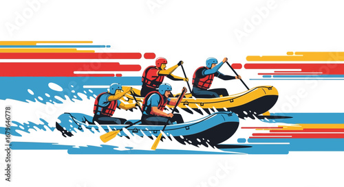 Vibrant Whitewater Rafting Illustration, Showcasing Teamwork and Outdoor Adventures