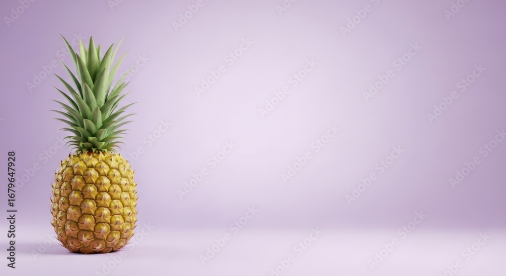 Fototapeta premium Fresh pineapple on soft purple background with green leaves