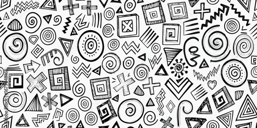 Abstract black and white hand drawn geometric shapes and patterns seamless background