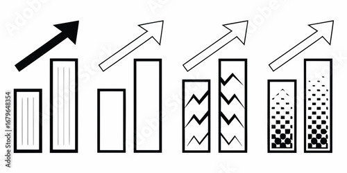 Four stylized bar charts showing upward trends with different fill patterns and arrow indicators