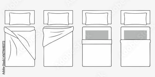 Top view illustration of four beds showing different ways to make a bed with blankets and pillows