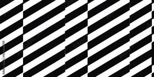 Bold black and white diagonal stripes create a striking optical illusion pattern with vertical breaks
