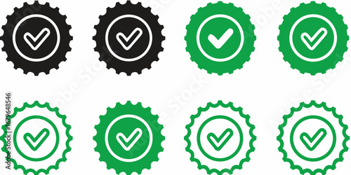 Set of eight circular badges with serrated edges and checkmark icons in black and green colors