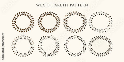 Collection of eight circular decorative wreaths with delicate brown leaves and stems on a cream background