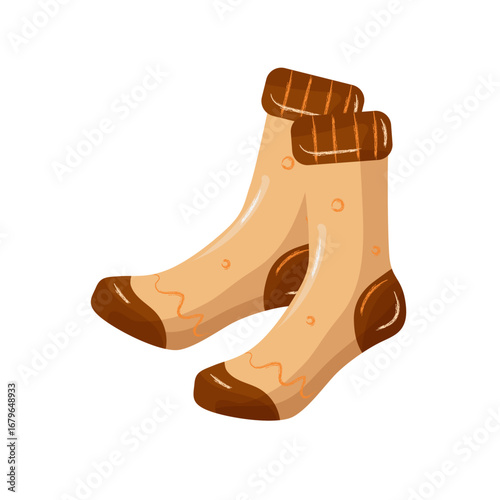 Pair of warm beige socks with brown inserts. An autumn clothing item that provides warmth and comfort. Vector illustration on a white background