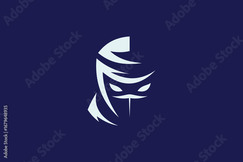 Minimalist ninja logo design featuring sharp lines, masked face, and stealthy eyes. Perfect for esports teams, gaming clans, martial arts studios, or businesses looking for a strong, mysterious