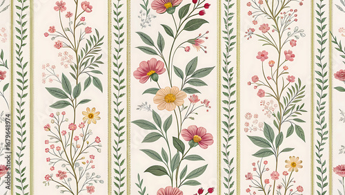 Vintage floral wallpaper pattern with pink and yellow flowers and green leaves and vine borders design
