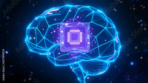 The brain outline is constructed through lines, polygons and light spots, with a fluorescent blue wireframe, a luminescent artificial intelligence chip embedded in a transparent crystal, and vector il