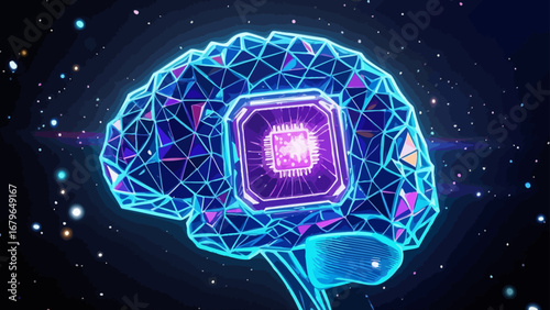 The brain outline is constructed through lines, polygons and light spots, with a fluorescent blue wireframe, a luminescent artificial intelligence chip embedded in a transparent crystal, and vector il
