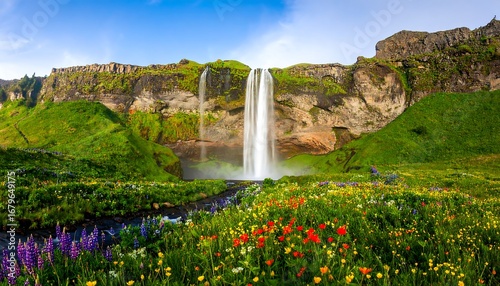 Breathtaking Seljalandsfoss waterfall cascading in Iceland with vibrant flowers