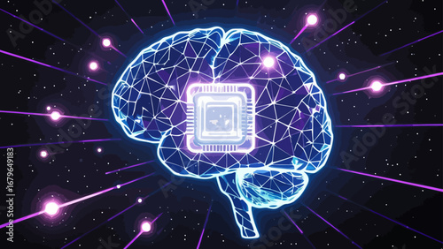 The brain outline is constructed through lines, polygons and light spots, with a fluorescent blue wireframe, a luminescent artificial intelligence chip embedded in a transparent crystal, and vector il