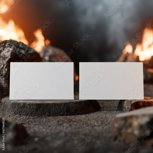 Business card mockup on stones with fire background — realistic branding presentation