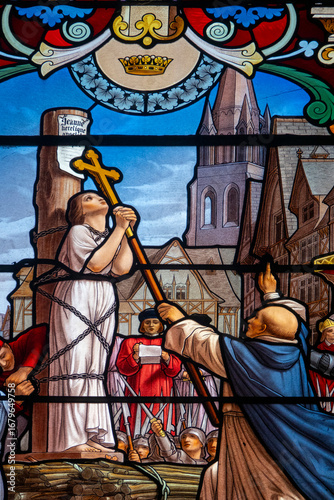 Stained glass (1914) of the martyr of Saint Joan of Arc. Saint of the Roman Catholic Church.