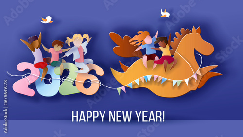 Children riding horse new year 2026 banner. Year of the horse 2026 greeting card