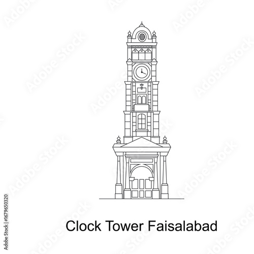 Faisalabad Clock Tower: Detailed Line Drawing