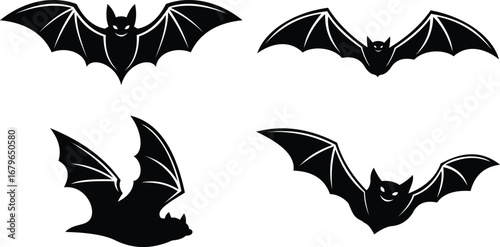 Flying bat icon set. Halloween bats vector illustration on isolated transparent background.