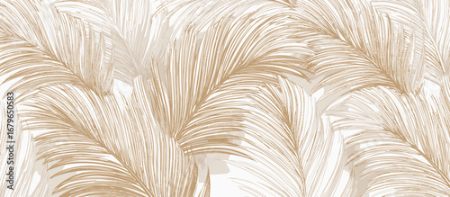 
Abstract beige and white pattern with palm leaves, seamless wallpaper design, white background, simple lines. 